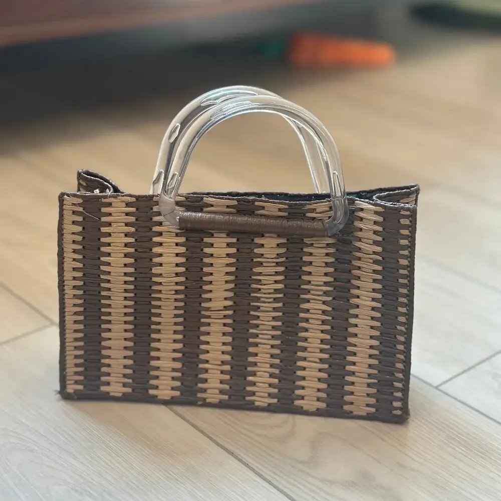 Vintage woven brown striped handbag acrylic clear handles